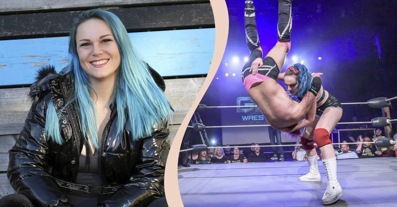 Delad bild: Wrestlaren Linnéa Runhage i blått hår, och som Betty Rose när hon brottar ner en motståndare i ringen.