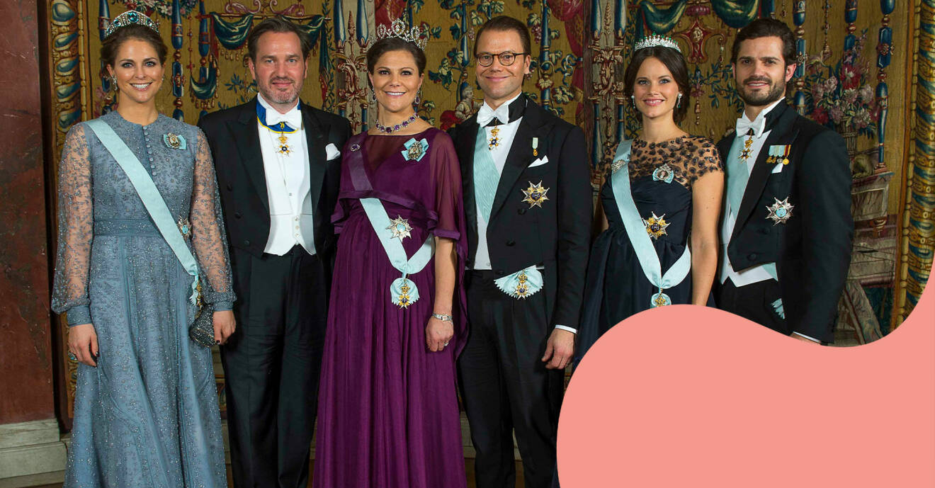 Prinsessan Madeleine, Chris O'Neill, kronprinsessan Victoria, prins Daniel, prinsessan Sofia och prins Carl Philip på Nobelfesten 2015.