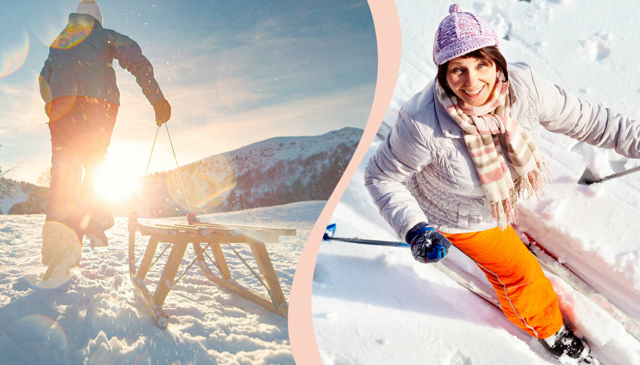 Person drar en pulka på bild till vänster och en kvinna åker skidor med ett stort leende på bild till höger.