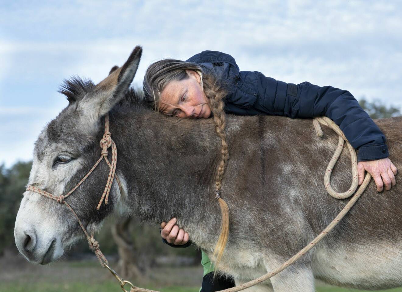 Helena Kågemark kramar sin åsna.