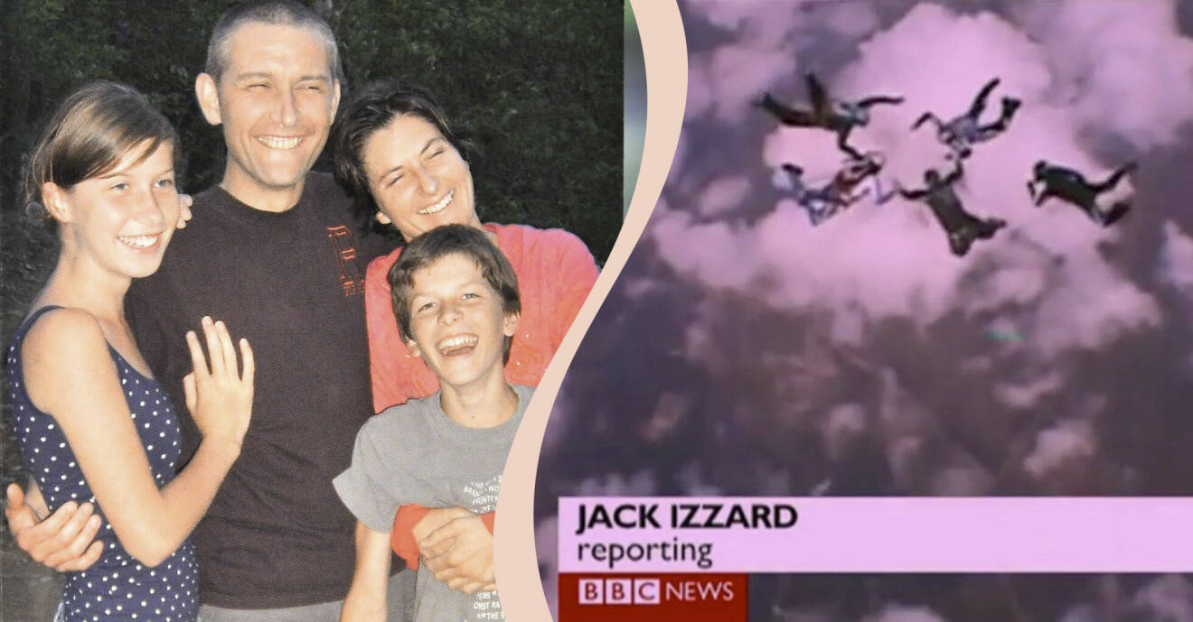 Delad bild: En glad familj som kramar om varandra, samt fem fallskärmshoppare i en formation i luften.