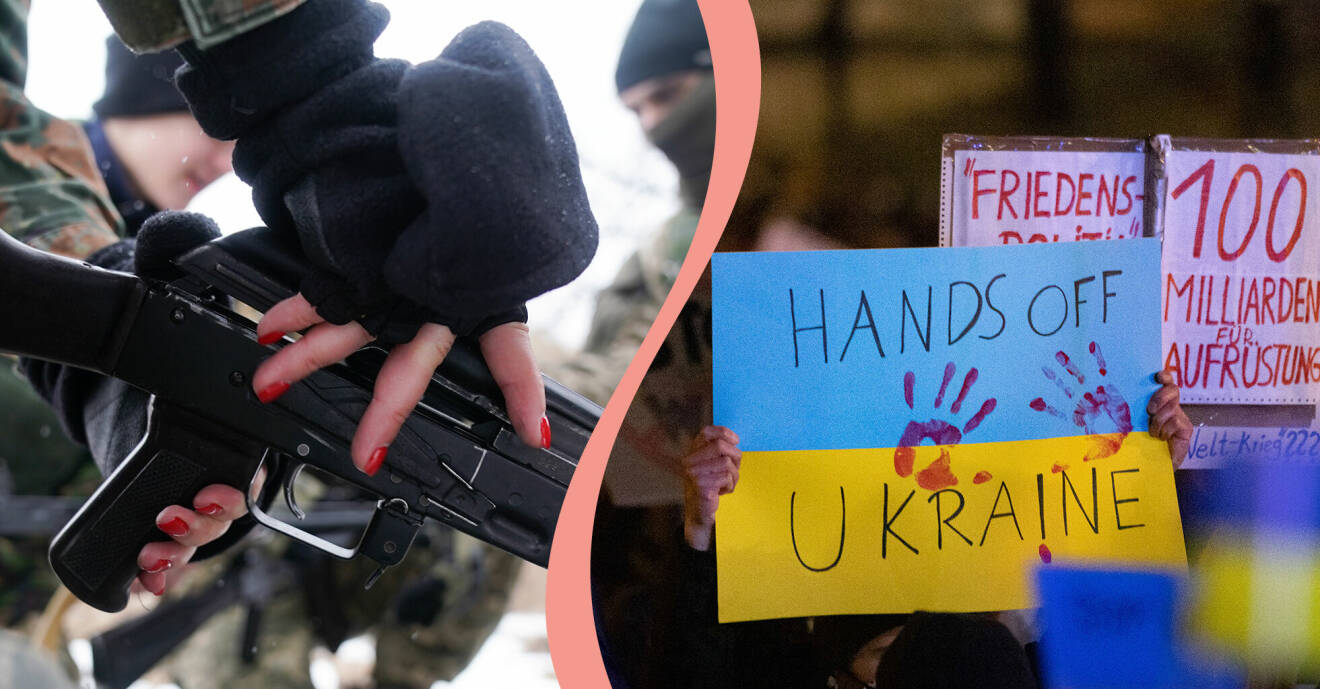 Till vänster, en kvinna som bär ett maskingevär, till höger, protester mot kriget i Ukraina.