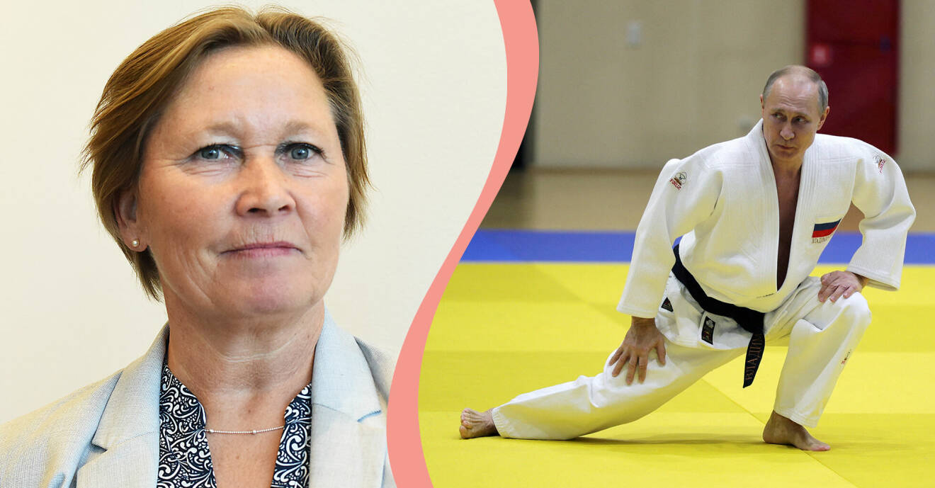 Till vänster, Kristiina Pekkola, ordförande i Svenska judoförbundet, till höger, Putin, president för Ryssland.