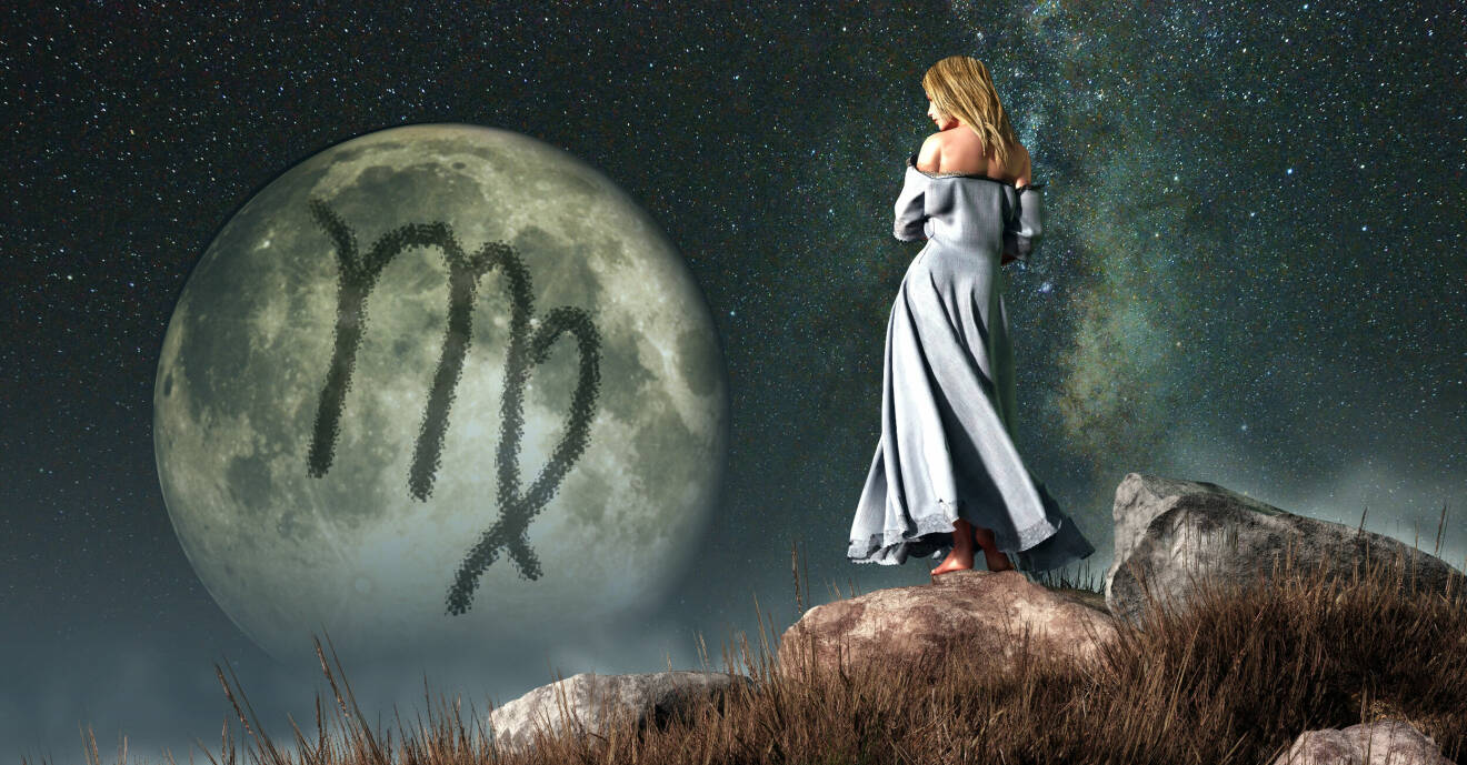 En illustration av stjärntecknet jungfrun med en himlakropp med tecknet för jungfrun i bakgrunden.