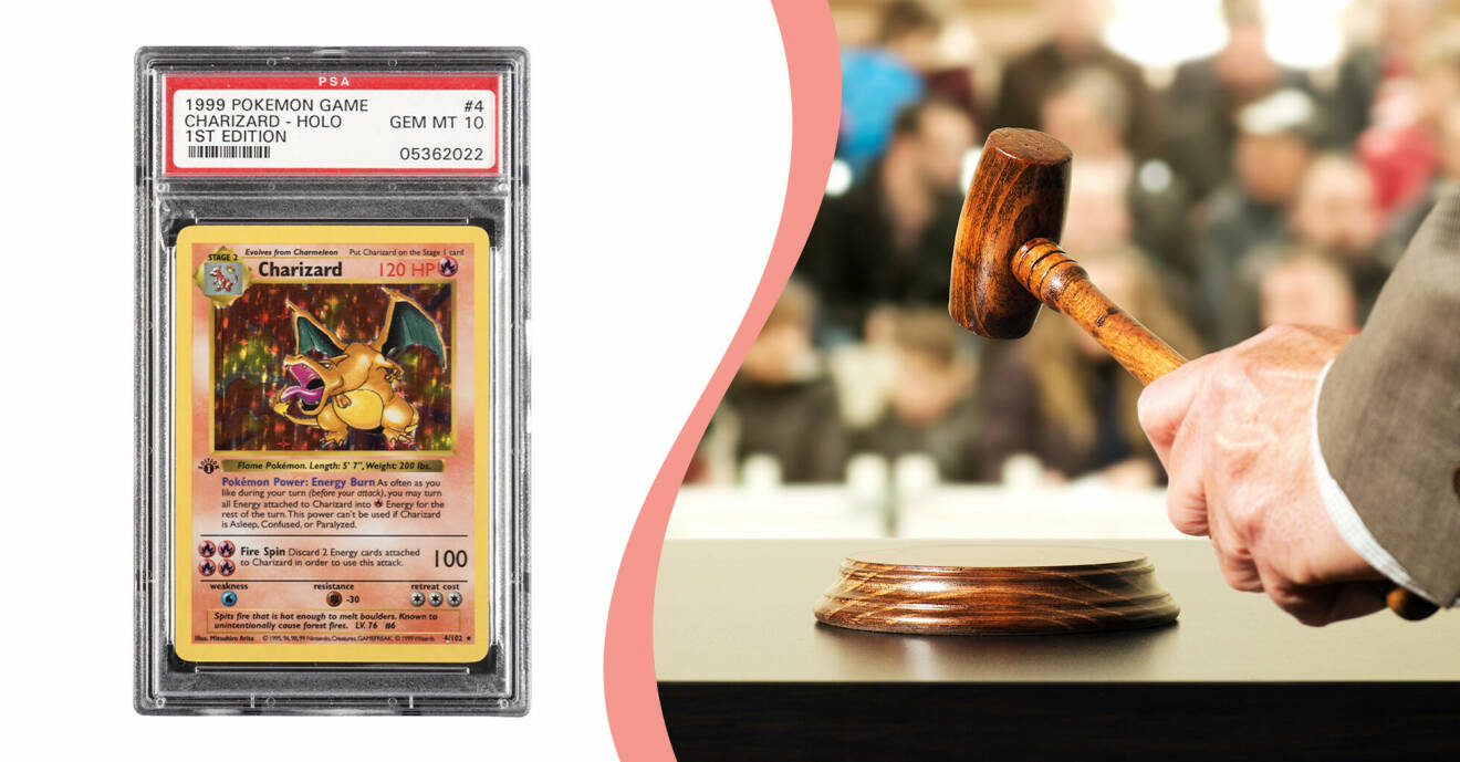 Till vänster, ett av världens mest eftertraktade Pokémonkort gick under klubban i mars 2022, till höger, en klubba slås under en auktion.