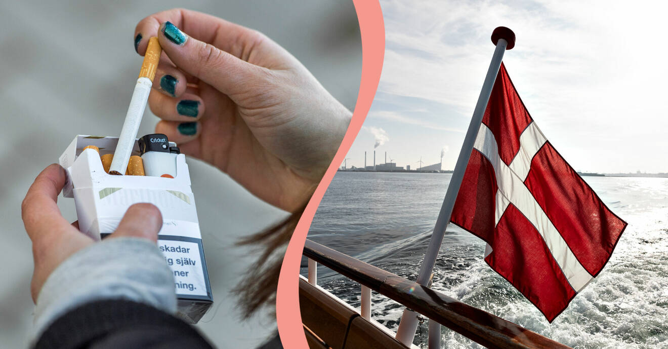 Till vänster, en kvinna tar en cigarett från ett paket, till höger, den danska flaggan på en båt.