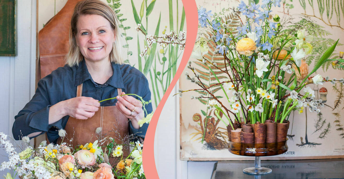 Floristen Heidi Mikkonen/ arrangemang med vårblommor i.