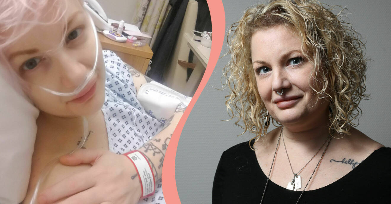 Delad bild. Till höger Lina Olofsson i en sjukhussäng i London efter att ha genomgått en operation för endometrios. Till höger ett porträttfoto av Lina.
