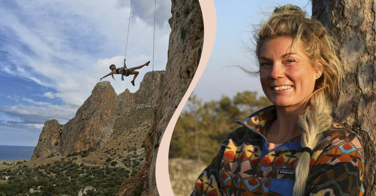 Delad bild, äventyraren Marielle Enkvist i närbild samt när hon hänger i linor från ett berg på Sicilien.