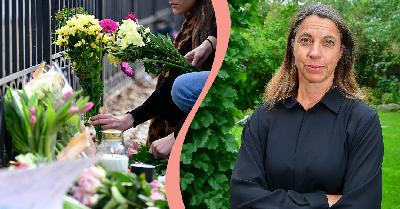 Till vänster, blommor läggs vid Malmö Latinskola på tisdagen den 22 mars, till höger, psykologen Hanna Thermaenius på Rädda Barnen-