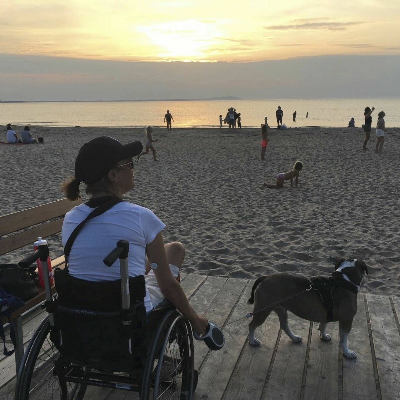 Jessica Lindgren, under tiden hon tampas med ständig dialys samtidigt som hon sitter i rullstol på grund av benbrott. Här sitter hon i rullstolen vid havet, med hunden Elsa vid sin sida, och ser strandlivet pågå.