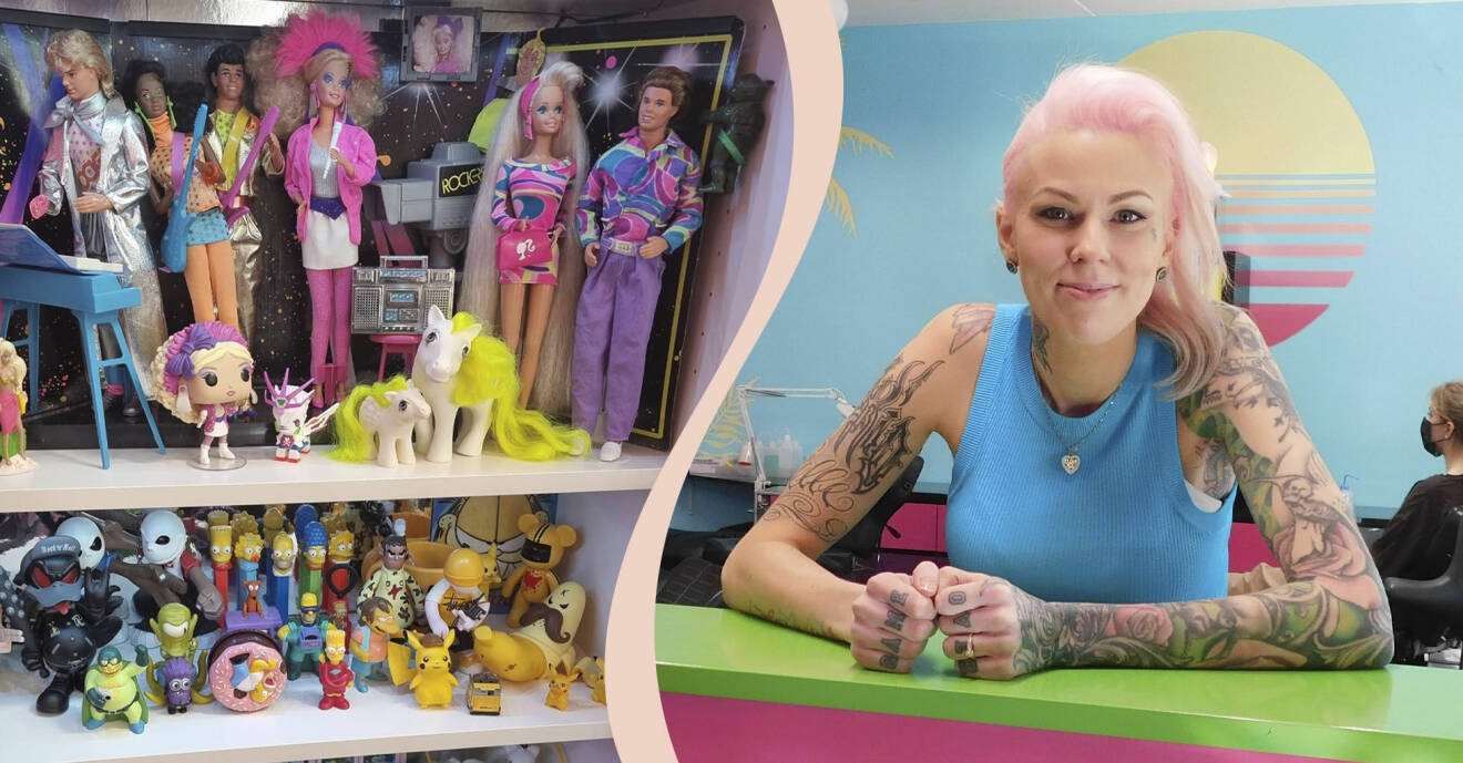 Delad bild: Tatueraren Sandra Palmgren, samt hennes samling av dockor och leksaker.
