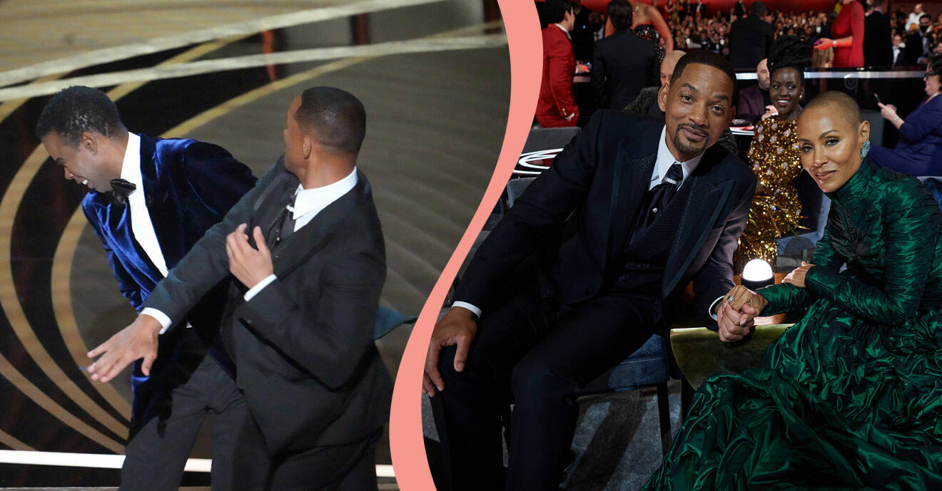 Till vänster, Will Smith slår Chris Rock på scenen under Oscarsgalan, till höger Will Smith tillsammans med sin fru Jada Pinkett Smith.