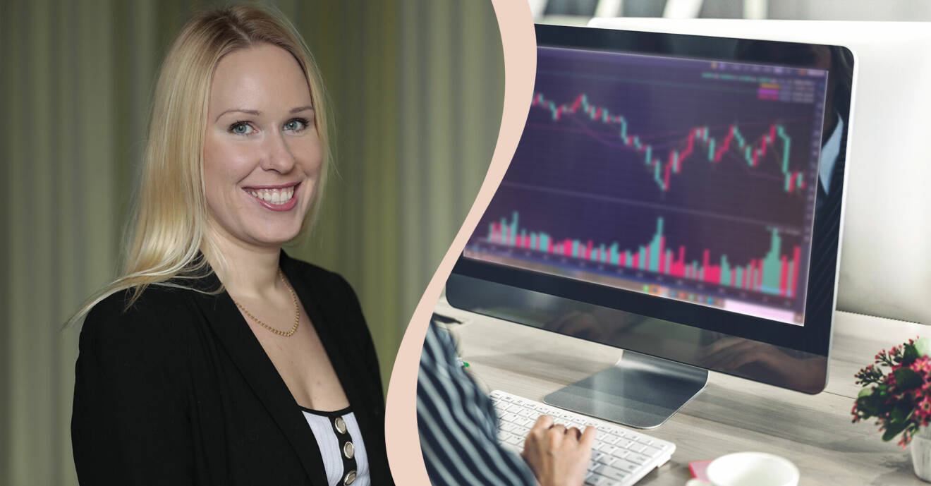 Experten Mirja Bokholm och en dator med börskurva på.