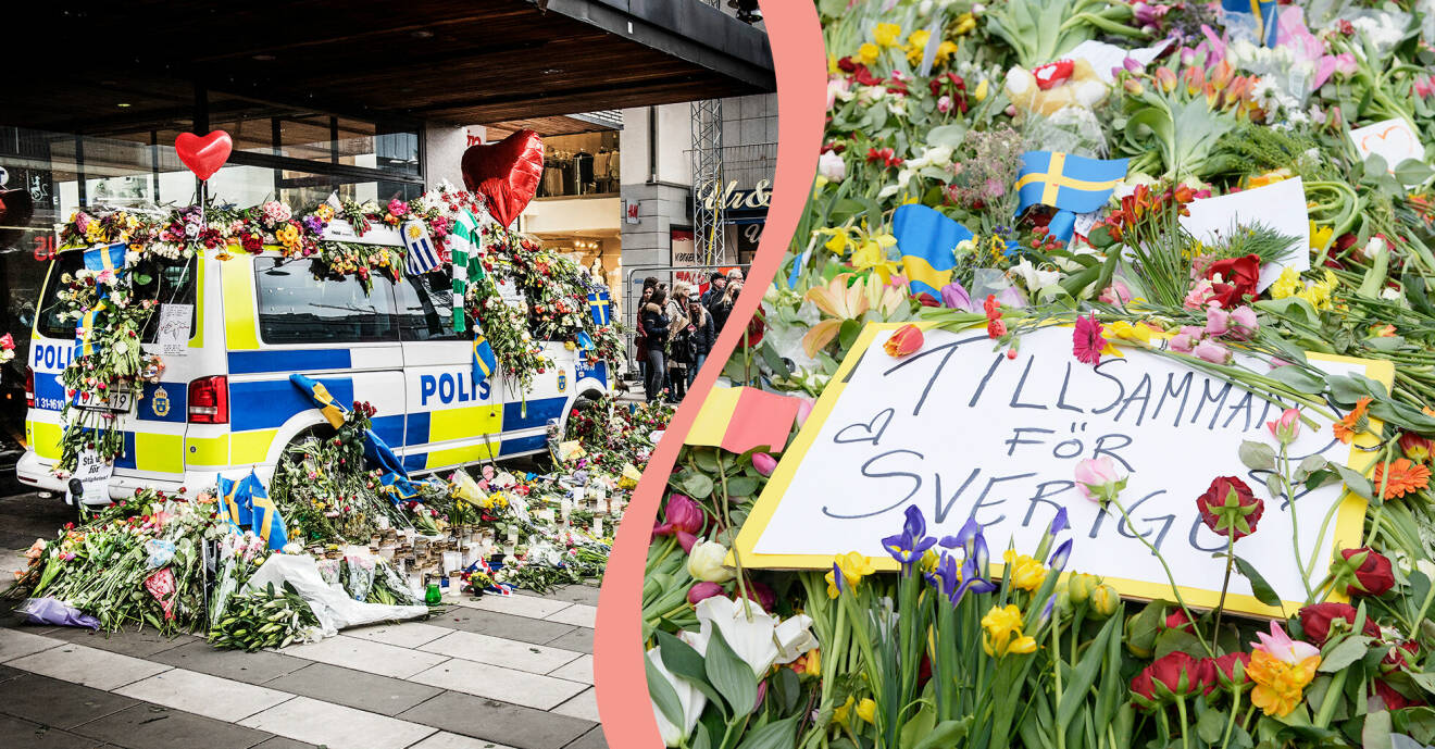 Till vänster, en av polisens fordon har översköljts med blommor på Drottninggatan, till höger, ett budskap som är lagt på Sergels torg.