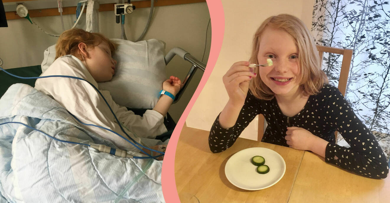 Delad bild. Till vänster Nora Nilsson i en sjukhussäng. Till höger Nora Nilsson som äter gurka.