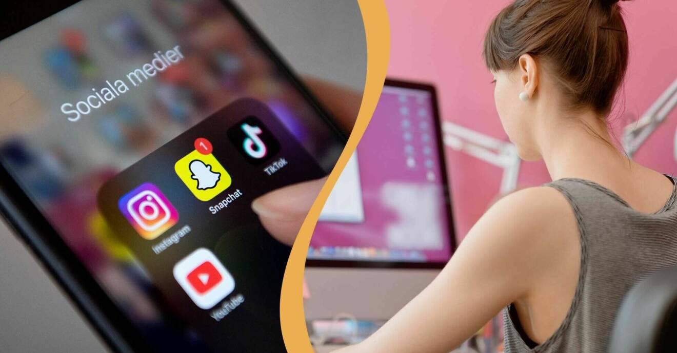 På vänster bild: olika appar i en telefon – sociala medier. På höger bild: En kvinna som sitter vid datorn.