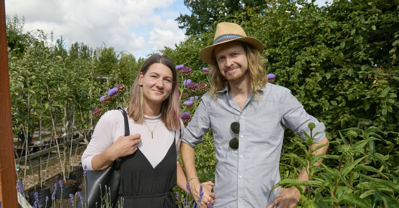 Jessica Lundin och Erik von Hofsten besöker visningsplantskolan på Kiviks musteri och berättar att de har köpt ett hus vid Järna och vill anlägga en trädgård som gynnar den biologiska mångfalden.