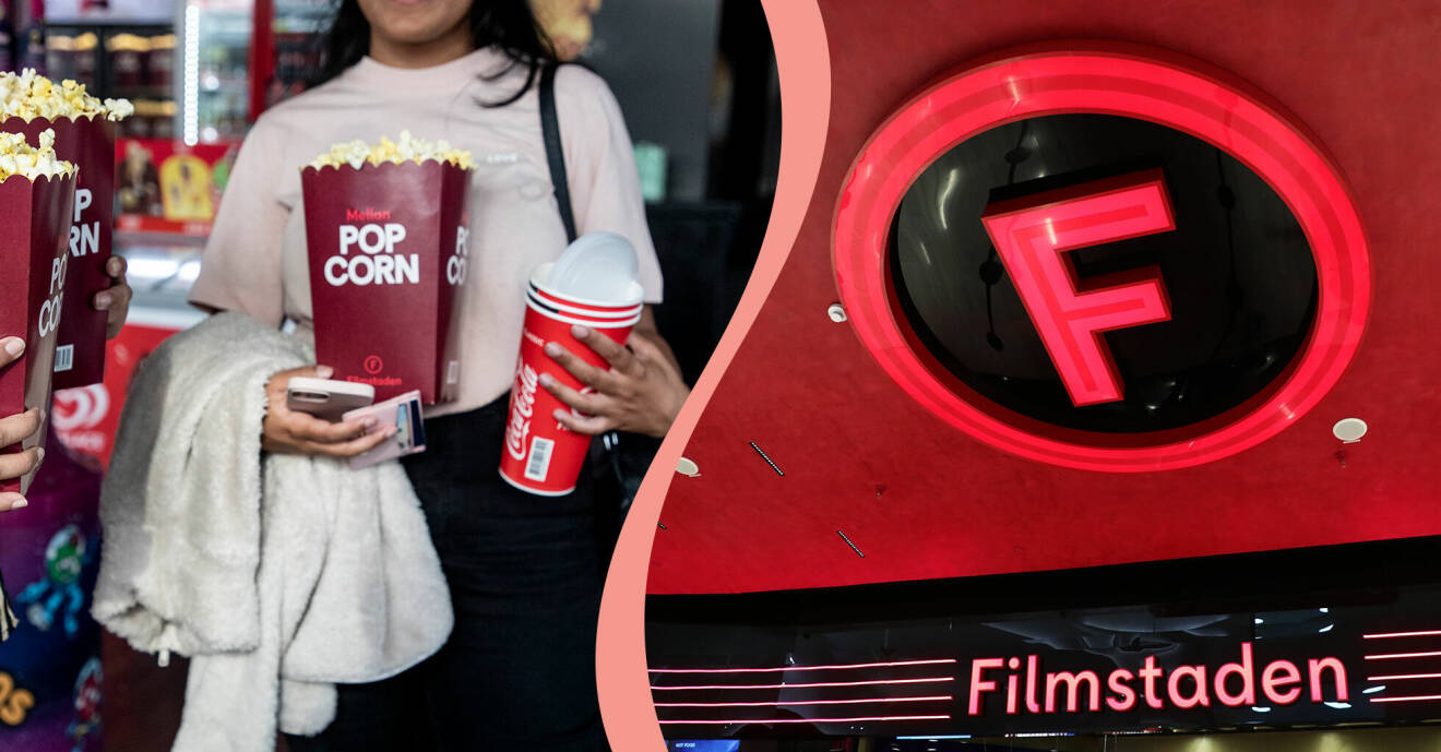 Till vänster, en kvinna som köpt popcorn och läsk på Filmstaden, till höger, Filmstadens logga.