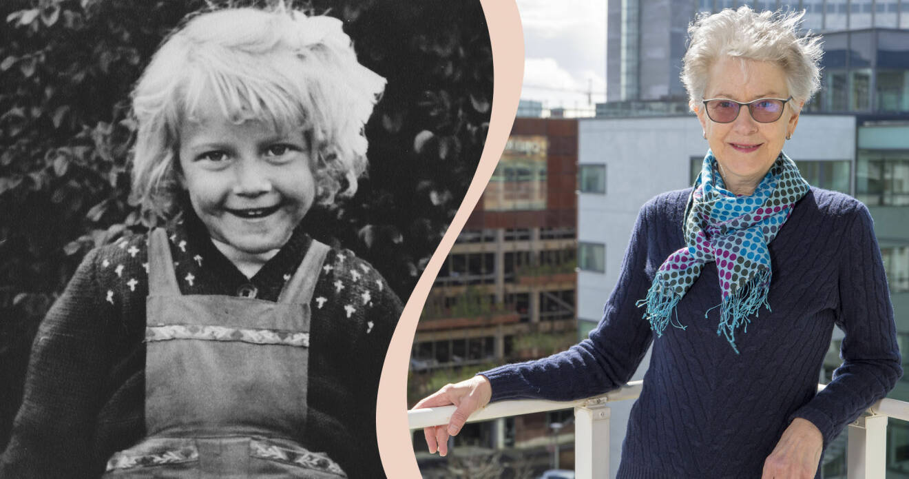 Majvi Holm står på sin balkong och berättar om uppväxten i barnrikehuset på 1950-talet där familjen på åtta personer bodde i en trea.