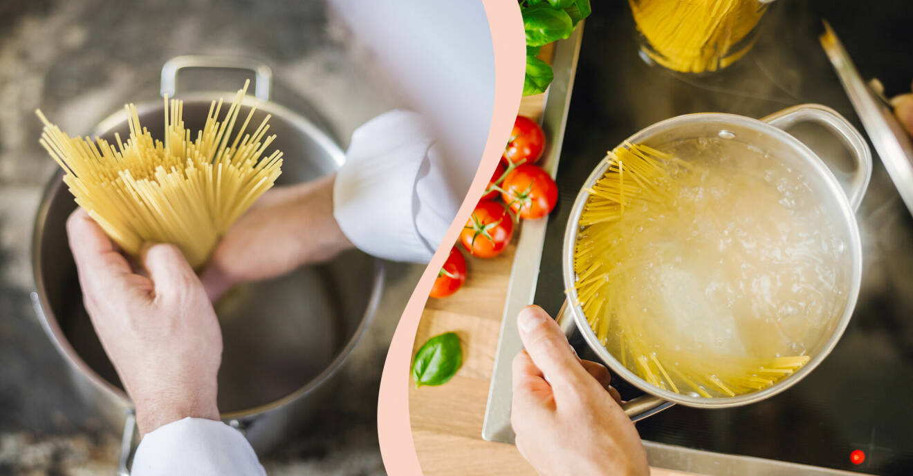 Till vänster, en kock lägger spagetti i en kastrull, till höger, kokande pasta.