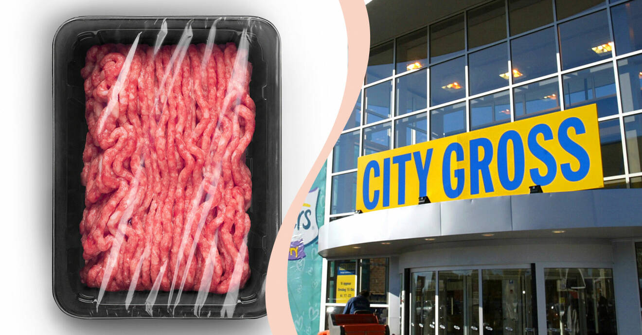 Till vänster förpackat kött, till höger en City Gross-butik.