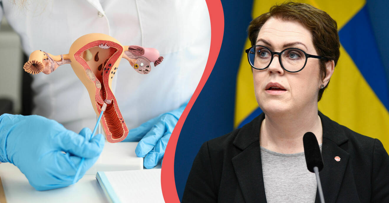 Delad bild. Till vänster en modell av en livmoder inne på en gynekologimottagning. Till höger Lena Hallengren 2022.