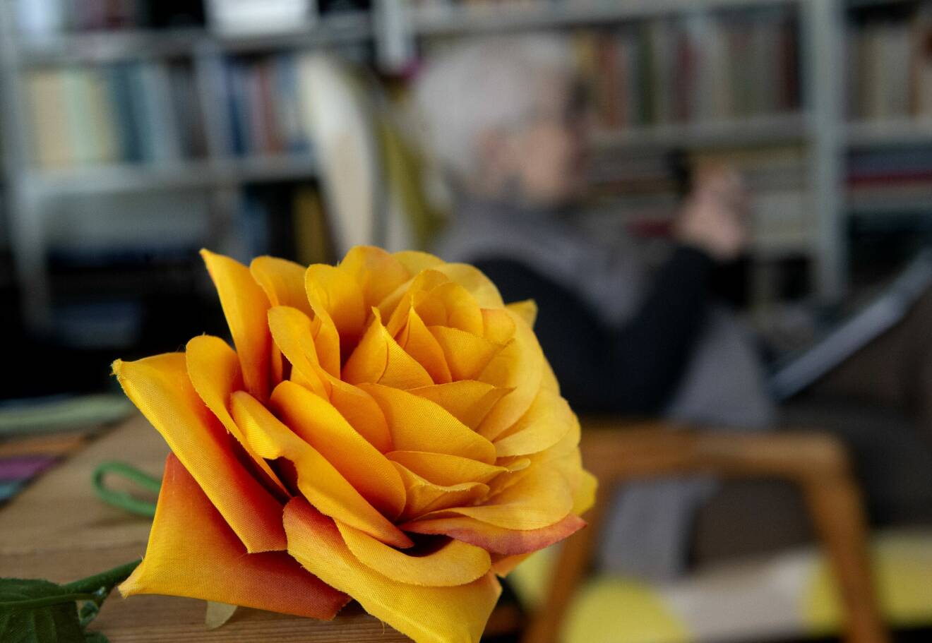Den orangea rosen i plast är ett kärt minne från tiden då Astrid vistades mycket i Ukraina.