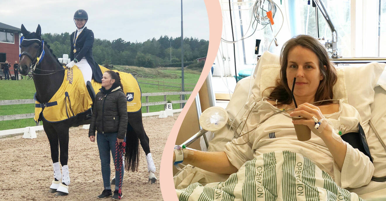 Till vänster, Sara Grönwall på hästen Maddox, bredvid står hennes medryttare, Maria Blom, till höger, Sara Grönwall på sjukhuset.