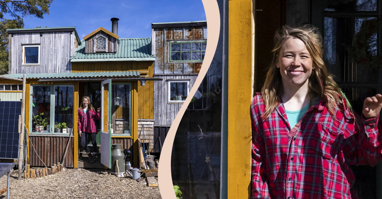 Anna står i dörren till sitt minihus som är 18 kvadratmeter stort och byggt av återbruk och berättar om sitt liv här på udden i Bölesvik.