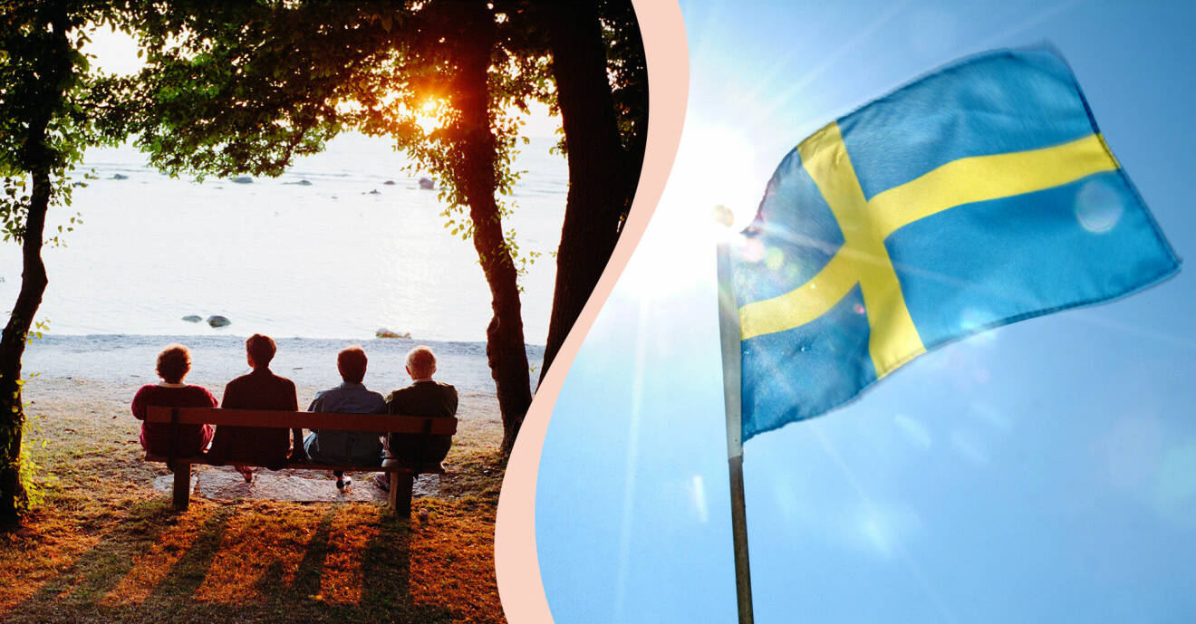 Till vänster, fyra personer sitter på en bänk i Visby och tittar över Östersjön, till höger, svenska flaggan.