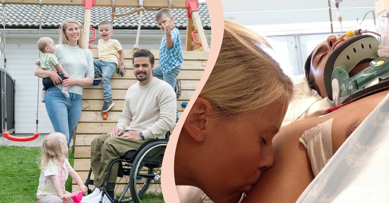 Bildmontage, på ena bilden ses Josefine och Jonathan, i rullstol, hemma i trädgården tillsammans med sina fyra barn som de fått efter olyckan. På andra bilden pussar Josefine på Jonathan när han ligger nedsövd på sjukhus, med slangar och elektroder.