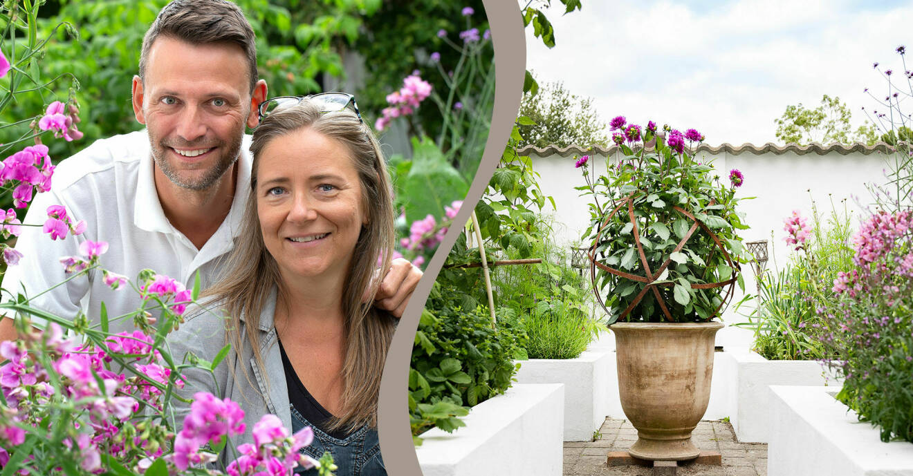 Renée och Fritjof Backe i sin trädgård.