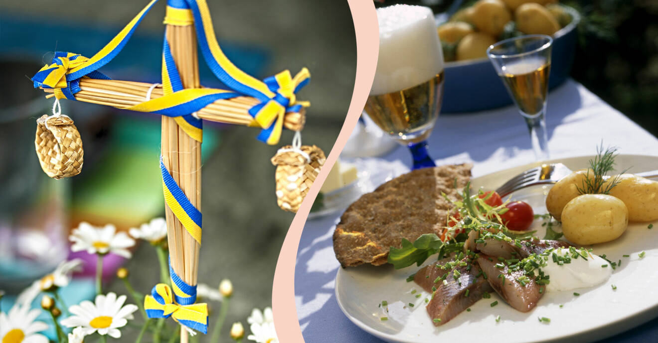 Till vänster, en prydnadsstång i svenska färger, till höger, en midsommartallrik med sill, knäckebröd, nypotatis och dill.