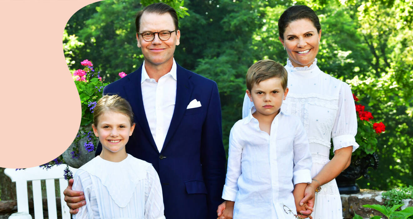 Prinsessan Estelle. Prins Daniel, Kronprinsessan Victoria och Prins Oscar på Sollidens slott i samband med kronprinsessans födelsedag på Victoriadagen 2021.