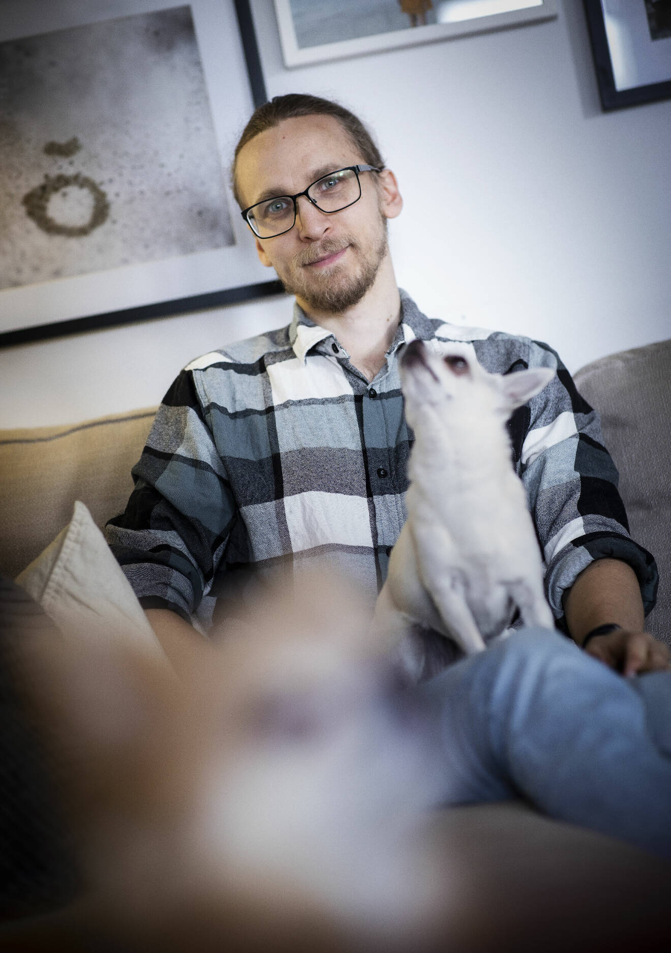 En man i 40-årsåldern i rutig skjorta och glasögon sitter i en soffa med en chihuahua i knät.
