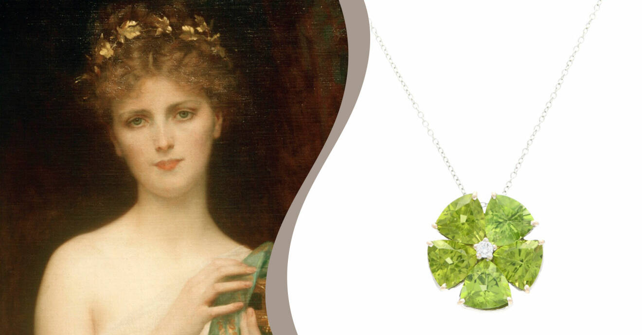 På vänster bild: Christina Nilsson – Augustibarn. På höger bild: Ett grönskimrande hänge av 18 k vitguld med fem triangelslipade peridoter och briljantslipade diamanter.