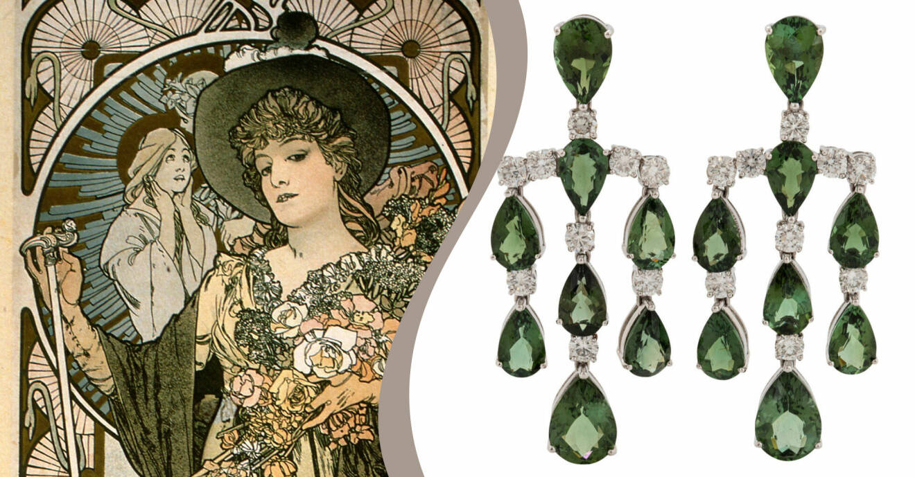På vänster bild: Sarah Bernhardt i La Tosca på Alphonse Muchas affisch från cirka 1895. På höger bild: Ett par örhängen av 18 k vitguld med facettslipade gröna turmaliner och runda briljantslipade diamanter.