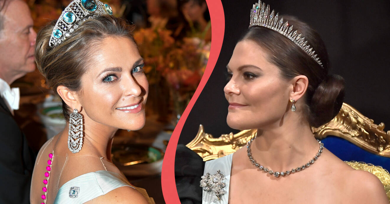 Till vänster: Prinsessan Madeleine på nobelfesten 2019. Till höger: Kronprinsessan Victoria på nobelfesten 2019.