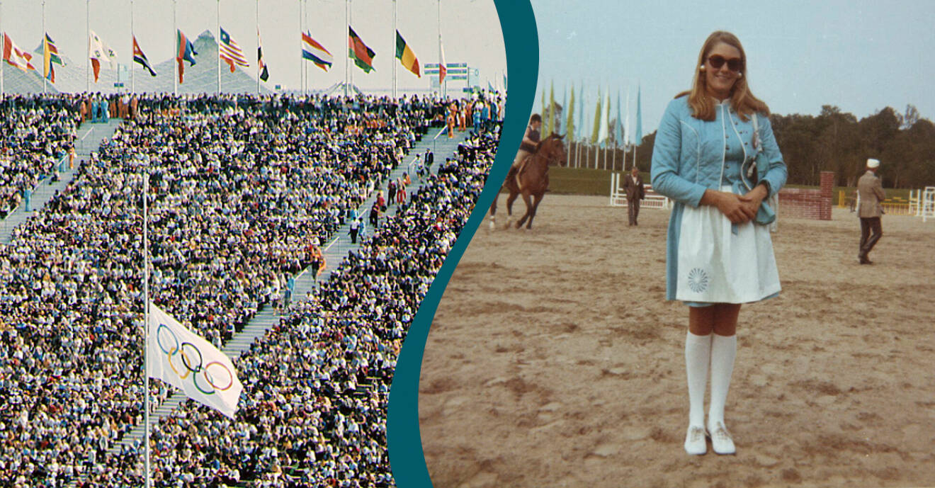 Montage av två bilder: På den ena syns OS-flaggan och nationsflaggor på halv stång vid fyllda läktare vid olympiska spelen i München 1972. På den andra ses Anna-Sophia von Celsing i sin ljusblå och vita OS-värdinneklädsel på en ridsportbana.