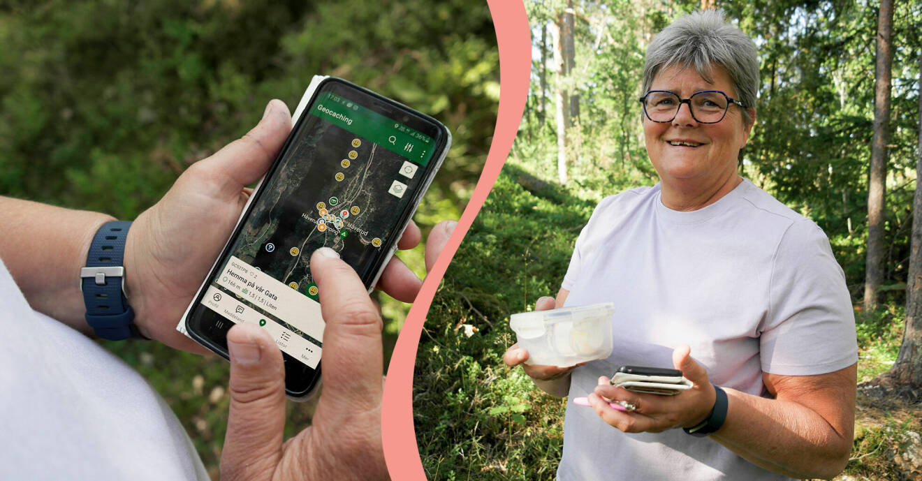 Marinette Olsson håller en mobil i händerna med geocaching-app som visar karta. På den andra bilden i montaget håller hon "skatten", eller cachen, som hon nyss hittat.