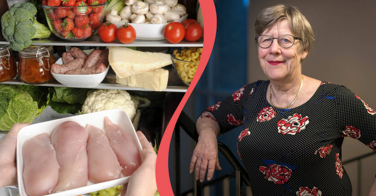 Till vänster: Bild på livsmedel från kylskåpet. Till höger: Agnes Wold.