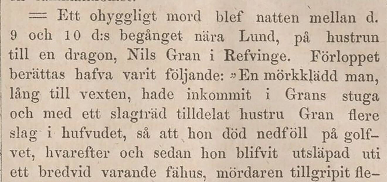 Göteborgs Handels och Sjöfartstidning rapporterar om mordet i Revinge 1849