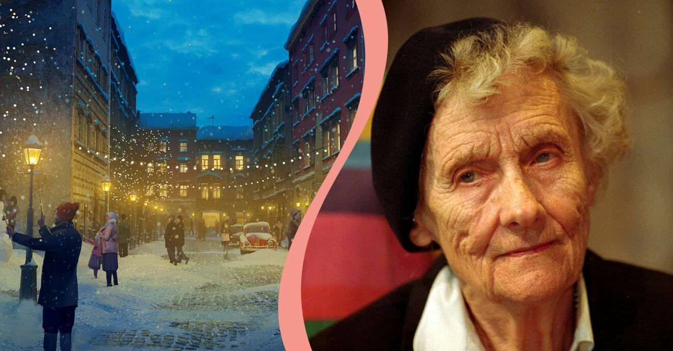 Delad bild. Till vänster en bild på en animerad gata som är julpyntad med ljus och snö. Till höger en porträttbild på Astrid Lindgren, iklädd basker.
