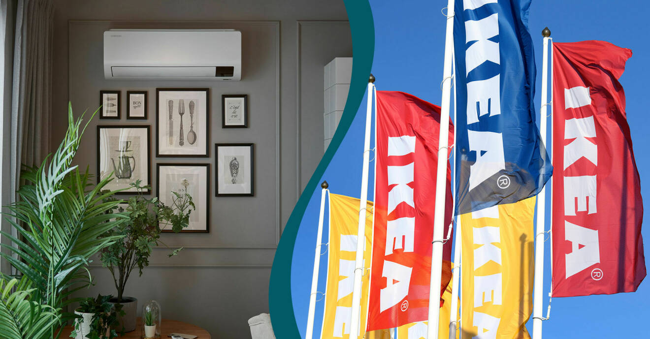 Delad bild. Till vänster en bild på en luftvärmepump installeras i ett hem med gråmålad vägg och en grupp tavlor undertill. Till höger Ikea-flaggor som vajar i vinden.