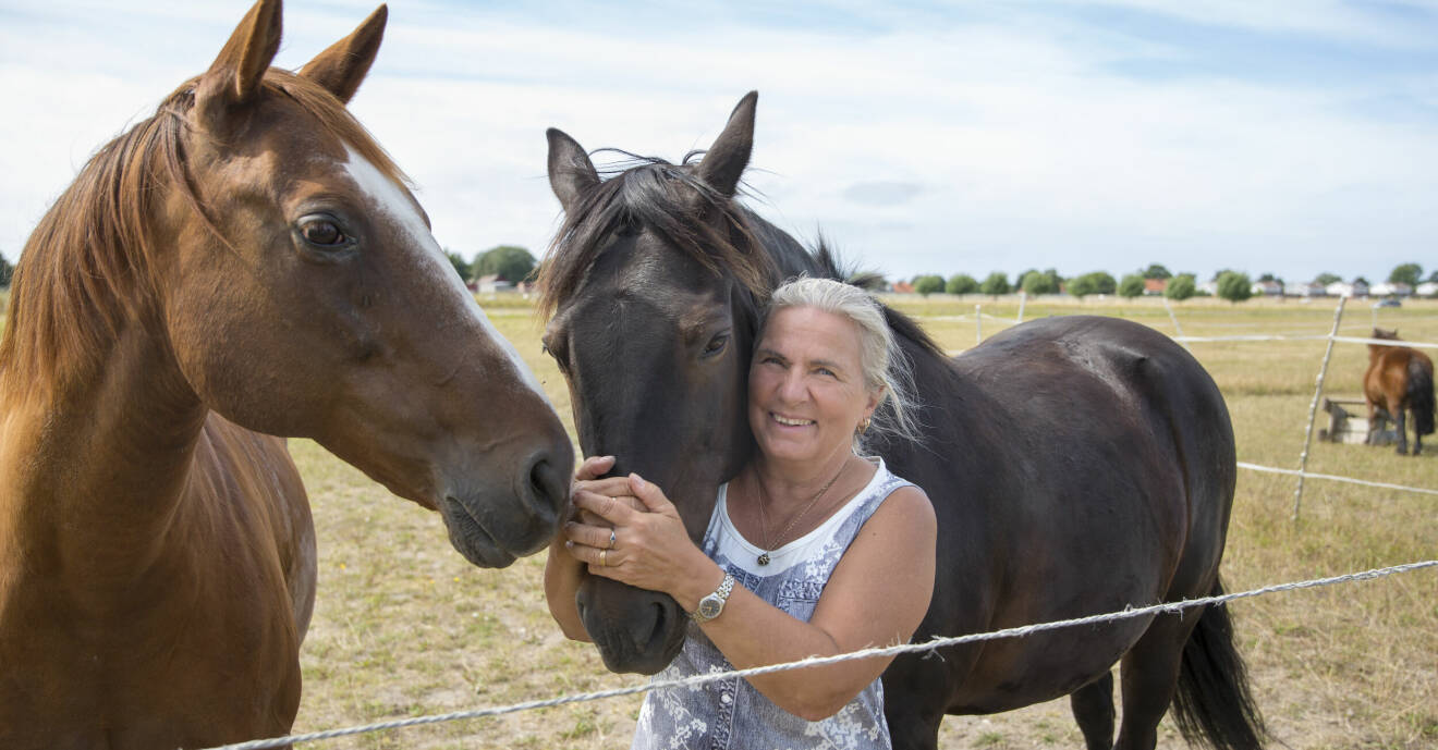 En kvinna med grått hår står med två hästar i en hage och håller den ena om mulen.