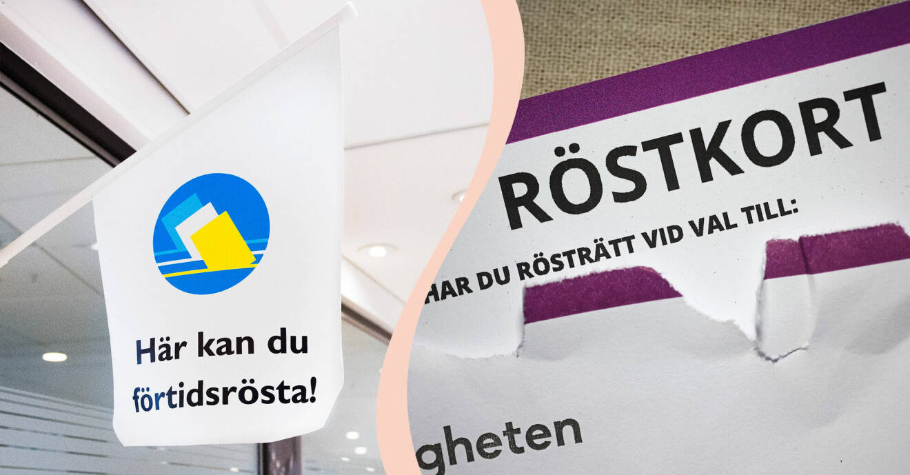 Bild till vänster: Flagga med texten "Här kan du förtidsrösta!". Till höger: Bild på ett röstkort.
