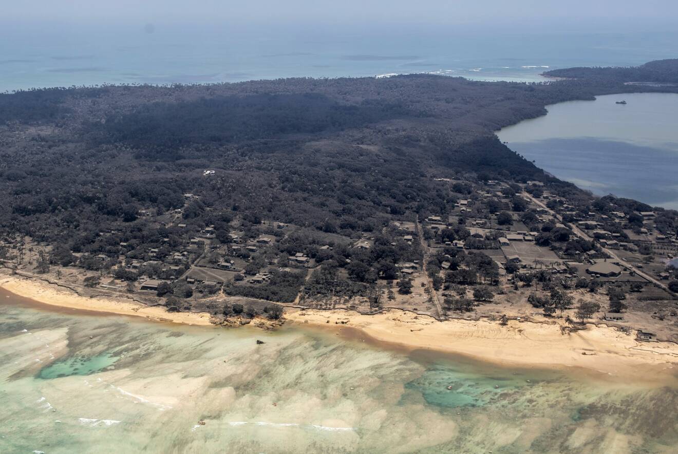 Flygfoto över ett område i Tonga där hustak och vegetation täckts av tjock aska i samband med vulkanutbrottet i januari i år.