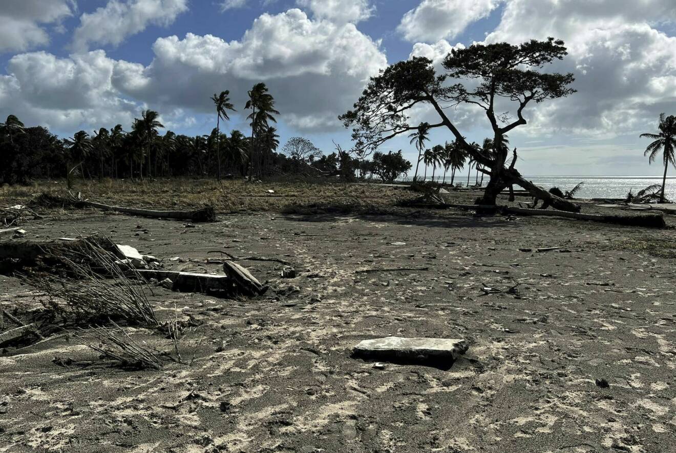 Marken på en kuststräcka i Tonga som är täckt av mörk aska.
