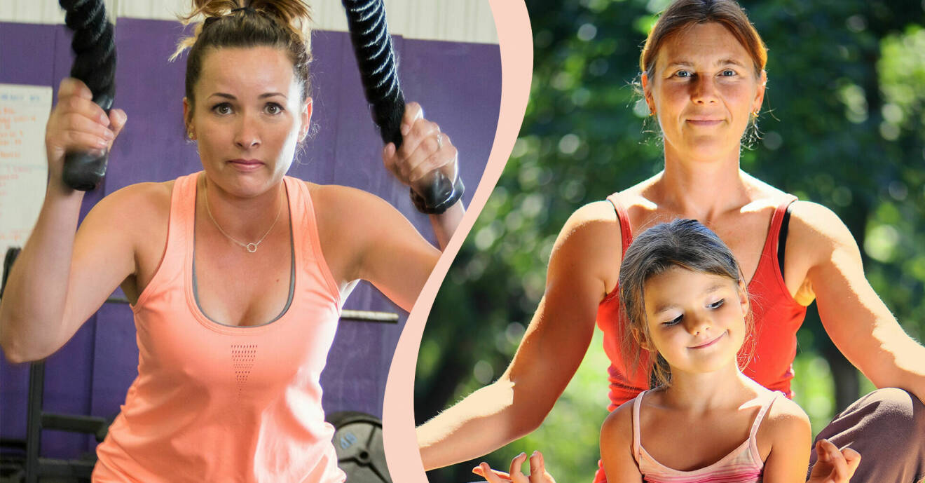 Till vänster: Kvinna tränar cross fit. Till höger: Mamma tränar yoga med sitt barn.